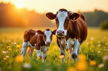 Brown and white cows in sunlit meadow with wildflowers at sunrise