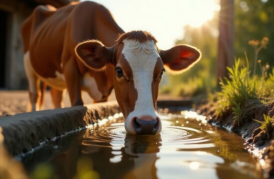 Brown cow drinking water at sunset in pasture