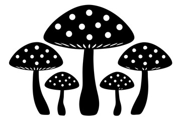 Five mushrooms clustered black silhouette against white background vector art, mushroom, mushrooms, fungus, fungi, cluster, group, collection, silhouette, vector, illustration, graphic, design, nature