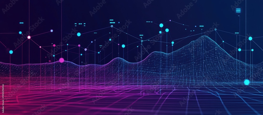 Poster luminous interconnected data points rise above the wireframe grid against the deep blue background