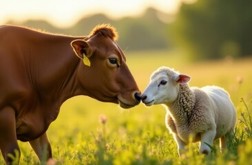 Obraz premium Cow and sheep interacting in serene pasture at sunset