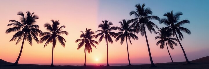 Fototapeta premium Multiple palm tree silhouettes, varied heights, against a clear sky , nature, artwork, clean