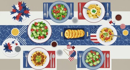 Festive fourth of july table setting with patriotic decorations and dishes