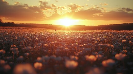 Obraz premium Ethereal sunset illumination over a blooming wildflower meadow landscape