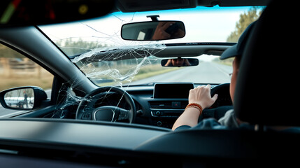 Car with cracked windshield while driving. Featuring a distracted driver