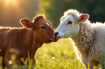 Obraz premium Adorable calf and lamb in sunlit meadow embrace friendship
