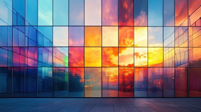Colorful glass facade reflecting a vibrant sunset.