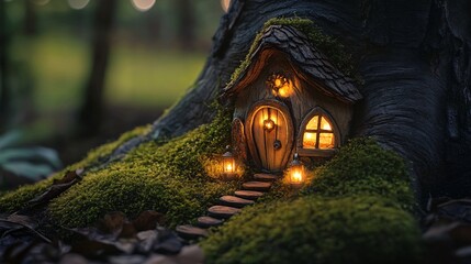 Whimsical Fairy House Nestled in Tree Trunk Surrounded by Lush Moss and Soft Ambient Light Creating Magical Outdoor Scene in Enchanted Forest