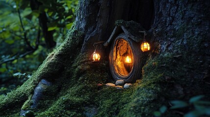 Enchanted forest scene featuring a mystical tree trunk door adorned with glowing lanterns, surrounded by lush moss and serene nature, inviting imagination and wonder