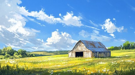 Serene Landscape Featuring a Rustic Barn Surrounded by Lush Green Fields and a Bright Blue Sky with Fluffy Clouds, Perfect for Farm and Countryside Themes