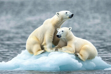 Polar bears play and cuddle on a small ice floe in the Arctic tundra during a sunny afternoon