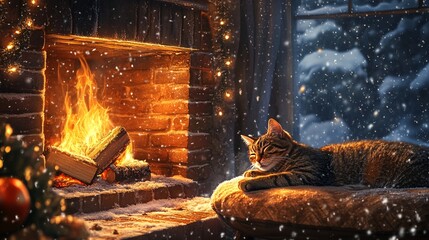 Cozy Cat by the Fireplace in a Winter Wonderland with Snowflakes Falling, Warm Glow of Firelight, and a Festive Atmosphere for Holiday Cheer and Relaxation