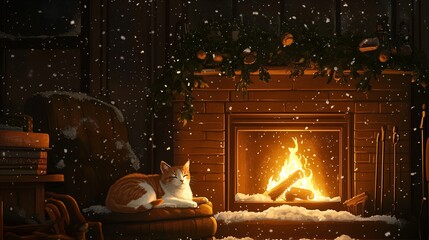 Cozy Winter Scene with a Sleeping Cat by a Warm Fireplace Surrounded by Snowfall and Christmas Decorations for a Serene Holiday Atmosphere