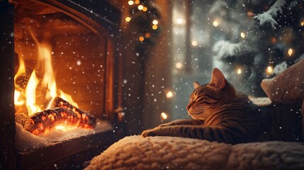 Cozy Cat by the Fireplace with Flickering Flames and Snowfall in a Winter Wonderland Setting, Perfect for Holiday-Themed Designs and Seasonal Promotions