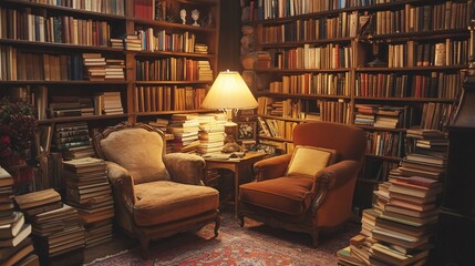 Cozy Reading Nook in Vintage Library with Warm Lighting, Soft Armchairs, and Towering Bookshelves Full of Classic Literature
