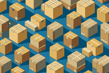 Fototapeta premium Symmetrical arrangement of brown cardboard moving boxes on blue background, creating visually appealing pattern. Ideal for storage or moving themes