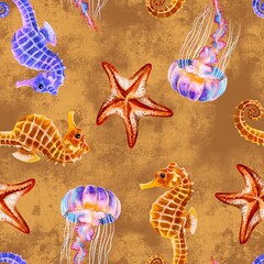 Animals from the ocean floor, marine life, seamless pattern on a sandy background
