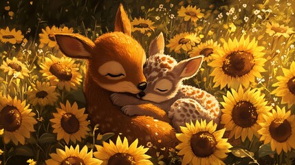 Sweet Moment of a Mother Deer and Fawn Nestled Together in a Enchanting Field of Radiant Sunflowers Bathed in Warm Morning Light