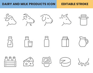 Dairy and milk products icon set, customizable stroke, vector, illustration