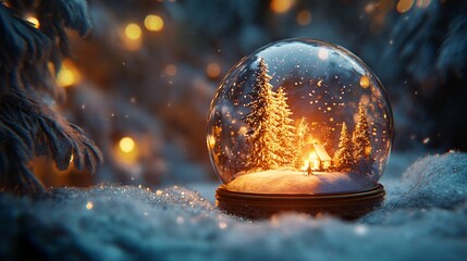 Enchanting Winter Wonderland in a Snow Globe with a Cozy Cabin, Sparkling Snowflakes, and Warm Ambient Lights for the Holiday Season