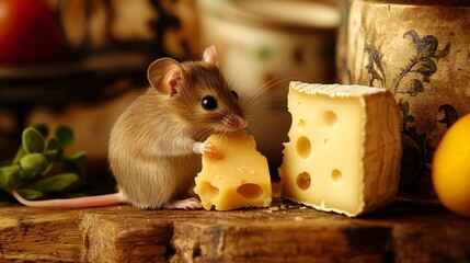 Cute little mouse nibbling on a piece of cheese in a rustic kitchen setting surrounded by charming decor and warm, inviting colors, evoking a cozy atmosphere.