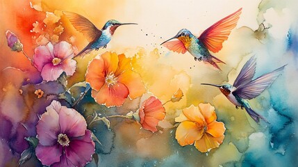 Colorful Hummingbirds Near Vibrant Flowers in a Beautiful Watercolor Background Capturing Nature's Delicate Beauty and Vibrancy Perfect for Art Lovers and Nature Enthusiasts