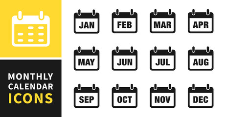 Monthly calendar icon set. Calendar icons depicting all 12 months. Vector illustration. Flat style