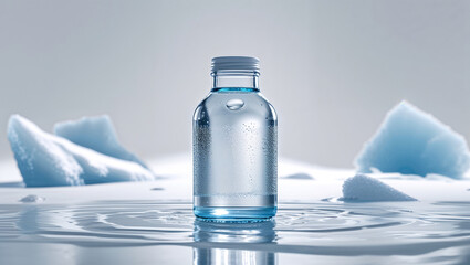 A bottle of water elegantly positioned on a reflective surface with icebergs in the background, capturing the essence of crisp refreshment.