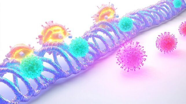 Futuristic scientific illustration of microbial DNA replication holographic helicase polymerase enzymes working on glowing DNA strands soft neon colors clean white background no text