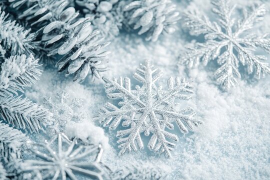 Frosted silver snowflakes and pine branches on a bed of snow.  Detailed close-up