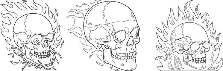 black and white sketch of skulls in flames, hand drawn vector
