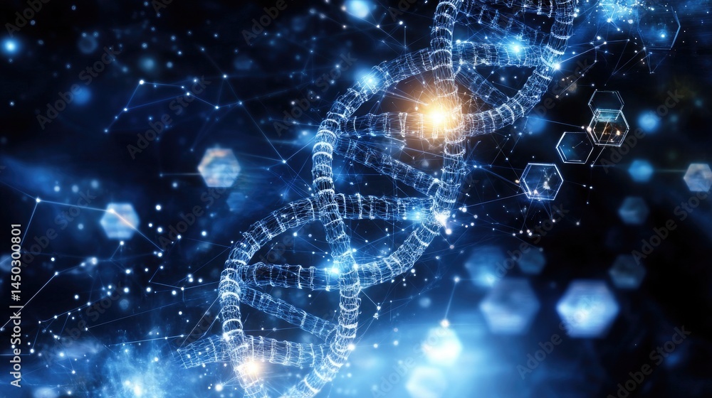 Poster luminous wireframe dna spirals among connected dots and glowing hexagons creating a futuristic atmos