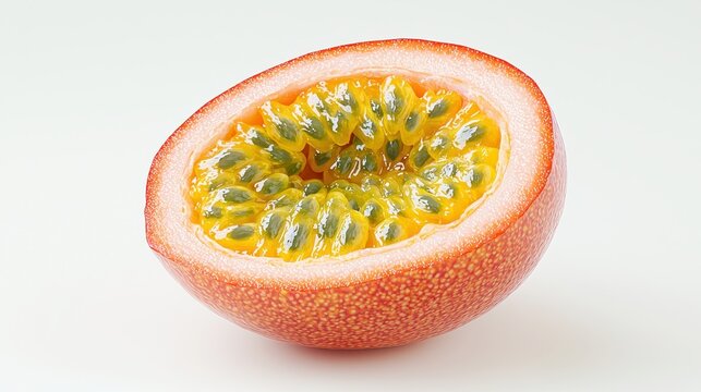 Sliced Grenadilla Fruit Showing Yellow Pulp and Seeds on A White Background