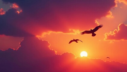 Silhouetted birds soar against vibrant sunset hues , serenity, clouds, sky
