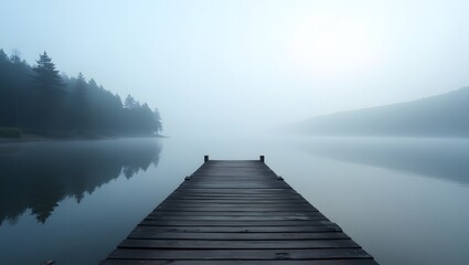 Serene Foggy Morning Lake Scene with Wooden Dock and Mist