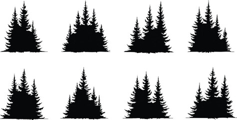 Obraz premium Set of Christmas trees, black and white illustration