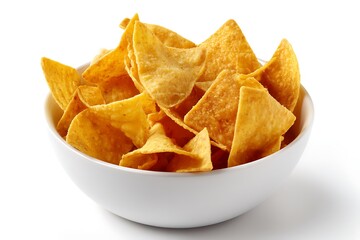 Bowl Filled With Crispy Golden Tortilla Chips On White Background