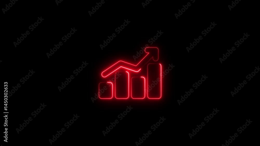 Poster animated red neon growing graph with arrow on dark black background