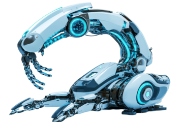 A futuristic medical robot performing surgery, guided by an AI system. isolated on white background