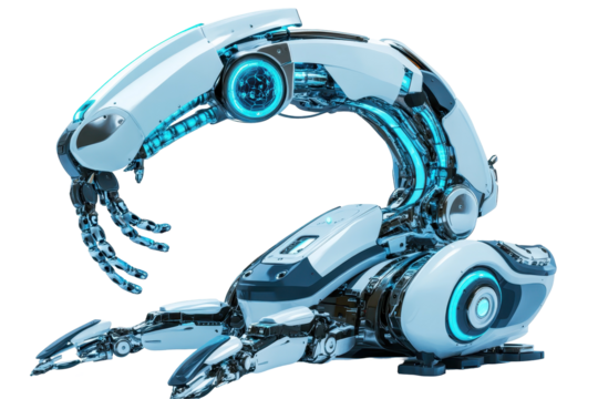 A futuristic medical robot performing surgery, guided by an AI system. isolated on white background