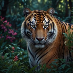 Fototapeta premium Striking tiger portrait: a wild cat with powerful gaze emerges from lush foliage, emphasizing natural world.
