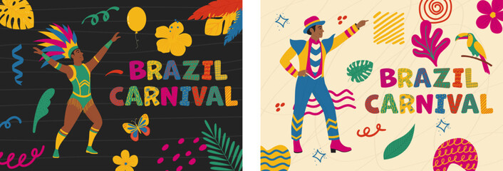 Colorful Rio carnival poster set with men in masquerade costume, floral elements, naive doodle shapes.