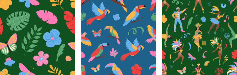 Brazilian carnival seamless pattern set. Tropical bird, flowers, dancing people. Modern vector illustration