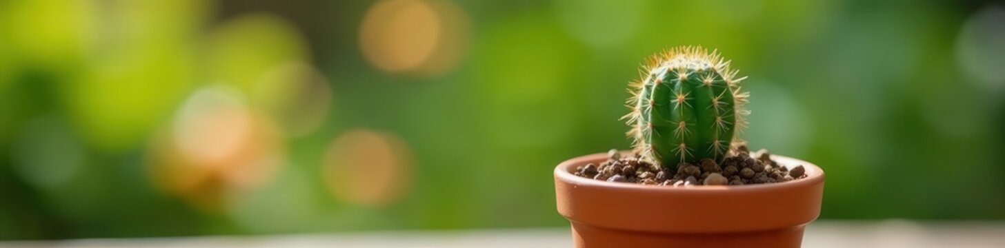 Tiny cactus in terracotta pot, soft focus garden backdrop, pot, green, picture
