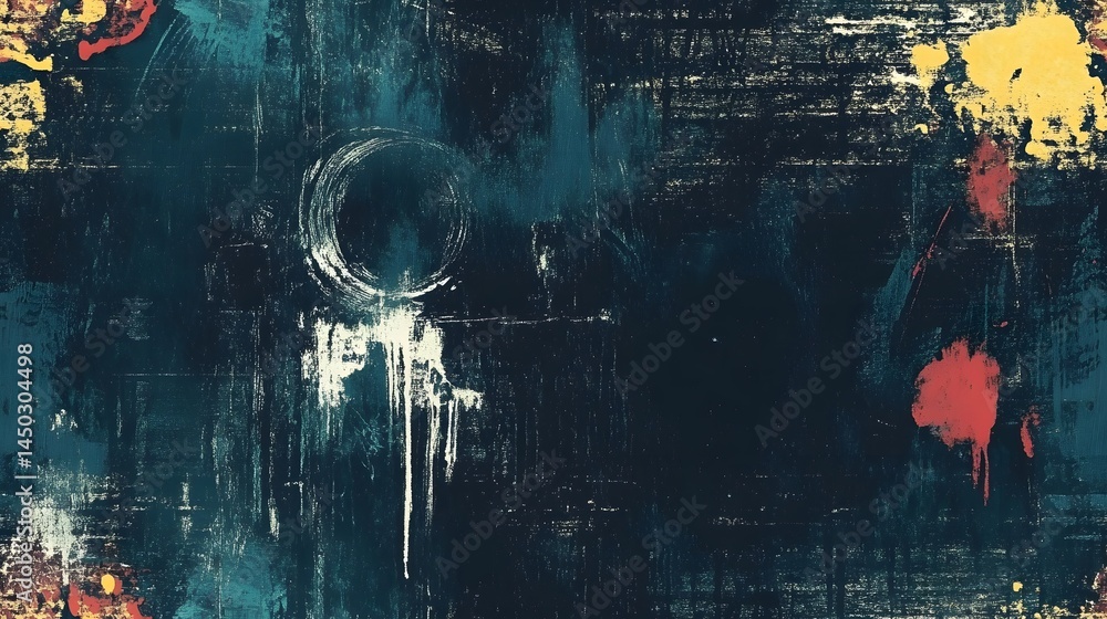 Poster abstract painting with dynamic color splashes and textures.