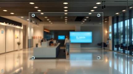 Blank wide transparent glass office corporate Signage plate Mock Up Template, Clear Printing Board For Branding, Logo. Transparent acrylic advertising signboard proportion 1 : 2 mockup front view.