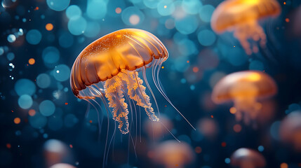Animated, orange jellyfish in a vibrant underwater scene.