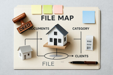 Property investment concept with house model on file map showing documents and clients category for real estate planning