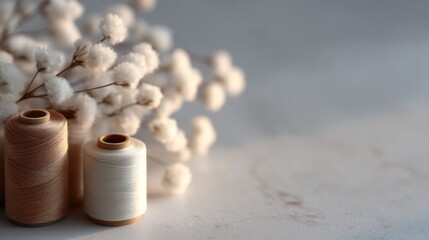 delicate arrangement of sewing tools threads and fabric scraps on clean white surface