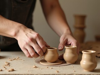 Person is creating a ceramic vase on a table. They are using their hands to shape the clay making ceramic products with your own hands
